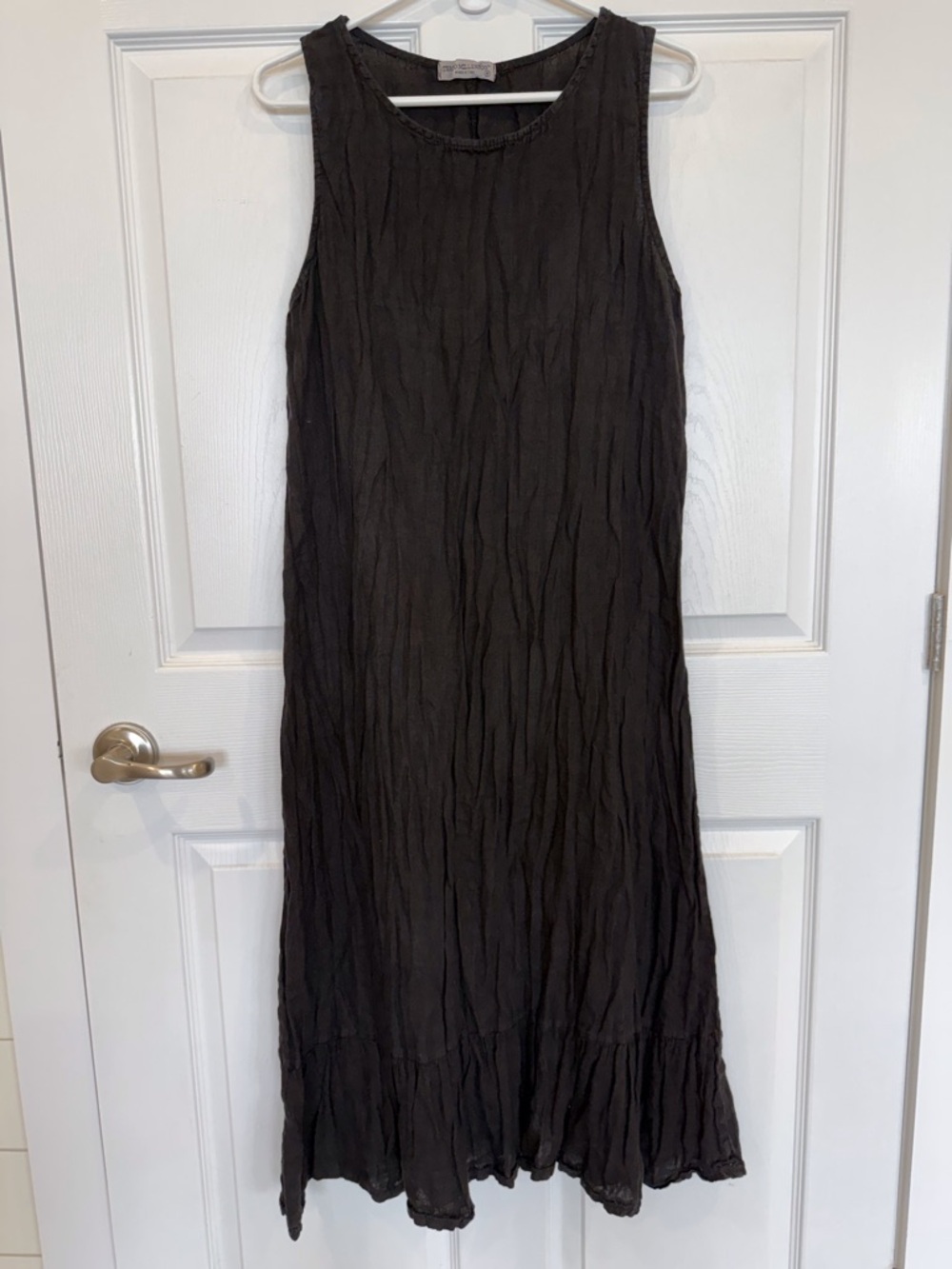 Terzo Millennio Italian linen dress black crinkle sleeveless ruffle hem